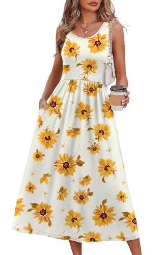 WIHOLL Summer Dresses for Women Beach Vacation Clothes Cruise Resort Wear Outfits 2026 Sun Dress Flowy Midi Dresses for Women Maxi Dresses for Seniors Sundresses Spring Dresses Sunflower Print M