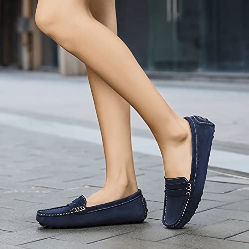 Osslue Women's Blue Suede Leather Casual Penny Loafers Retro Ladies Moccasins Driving Mocs Comfort Slip-On Fashion Boat Shoes Classic Flats 7 M Us Xym-1208-Lan070 #TOP5