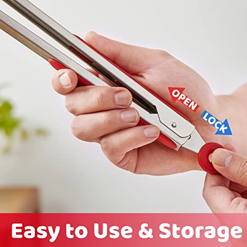 Jeekoin Premium Stainless Steel Spatula Tongs For Cooking, Silicone Kitchen Tongs 9” And 12” With Rest Pad For Serving, Cooking Tongs Anti-Scratch Perfect For Nonstick Pans, Bpa Free, Set Of 3, Red #TOP5