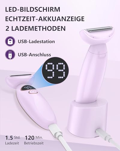Rasierer Damen,3-In-1 Intimrasierer für Frauen,Gesichtshaarentferner für Frauen,Damenrasierer Elektrisch Nass-Trockenrasierer Ipx7 Wasserdicht Trimmer Damen,für Bikinizone Achseln Beine,USB-Aufladung