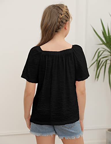 Girls Summer Blouses Short Sleeve Square Neck Button Down Tee Shirts Solid Casual Loose Fit Tops Black #TOP1