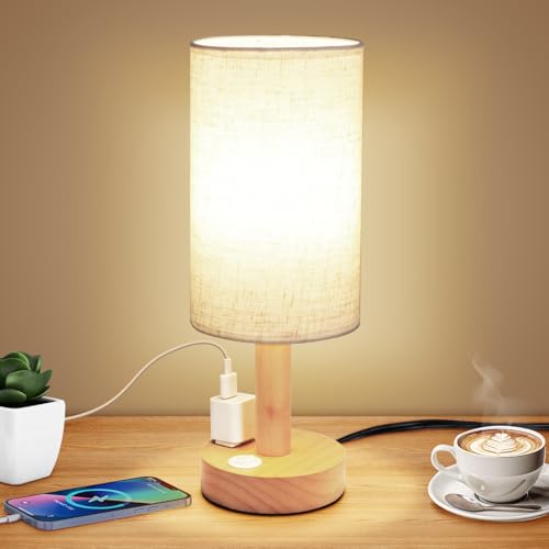 Image of Small Bedside Table Lamp with AC Outlet, Natural Wood Base & Linen Shade, Mini Cute Cozy Warm White Nightstand Boho Lamp, Study Desk Night Stand Light for Bedroom, Kitchen, Nursery, Living Room