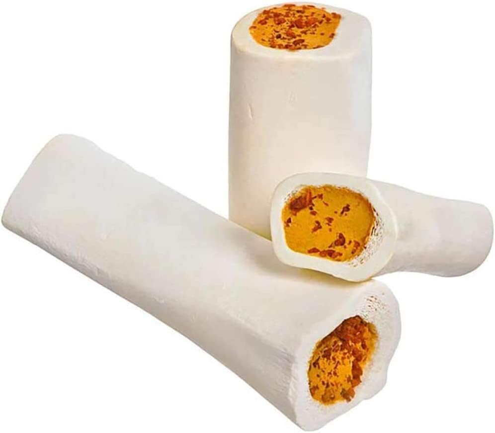 PawstruckLarge 5-6" Filled Dog Bones, Cheese & Bacon Flavor - Made in USA Long Lasting Stuffed Femur for Aggressive Chewers Dental Treat - Pack of 3 - Packaging May Vary