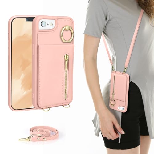 Jcxtrombulou Crossbody Wallet Case for iPhone 7/8/SE 2020/SE 2022 with Lanyard Strap Card Slot Holder RFID Blocking Kickstand,Magnetic Flip Folio Zipper Purse Case, PU Leather Cover Handbag,Rose Gold