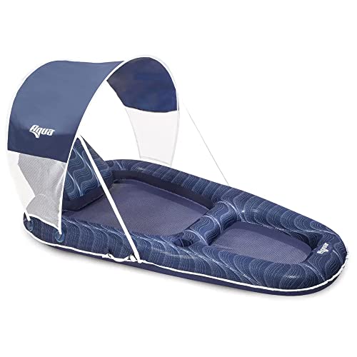 Aqua Leisure Luxury Oversized Pool Lounger Soft, Cool, Fabric, UPF 50 removable sunshade with mesh windows, Convenient drink holder and carry handles for full relaxation., Blue, XL