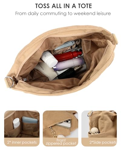 Image of Makukke Corduroy Tote Bag, Large Shoulder Handbag with Pouch, Crossbody Bag for Work Travel Shopping