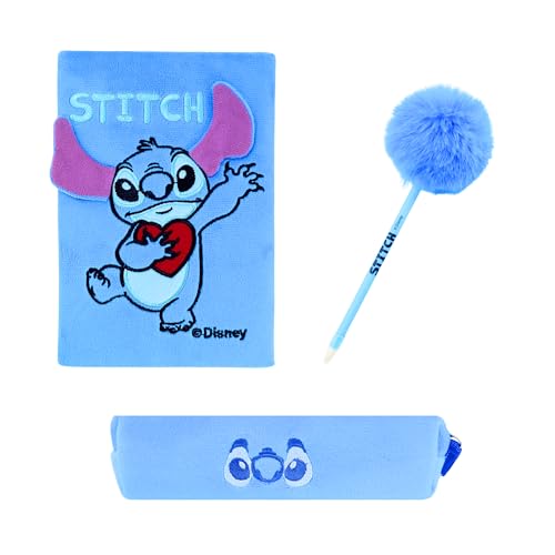 Disney Stitch Set de Papeleria, Incluye Cuaderno Stitch Libreta, Boligrafo Pom Pom y Estuche, Stitch Regalo para Niñas y Adolescentes