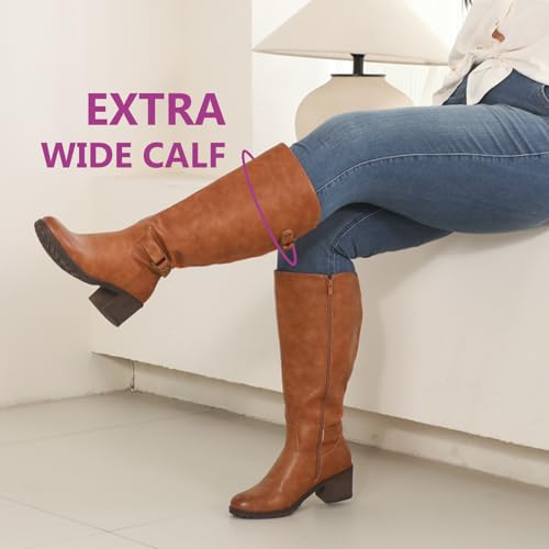 Women's Extra Wide Calf Knee High Riding Boots with Block Heel and Decorated Double Buckle2