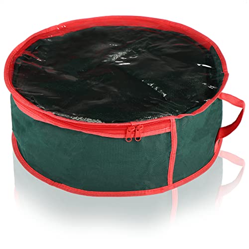 com-four® Bolsa para Coronas con Ventana y asa - Almacenamiento para Decoraciones, Guirnaldas, Gorras, Sombreros, Costura y Juguetes - Funda Protectora con Cremallera (Verde Oscuro/Rojo - Redondo)
