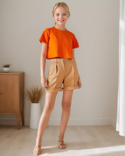 Image of Girls Cropped T-Shirt Short Sleeve Round Neck Cotton Comfy Y2k Basic Cute Dance Crop Tops Tees for Kids