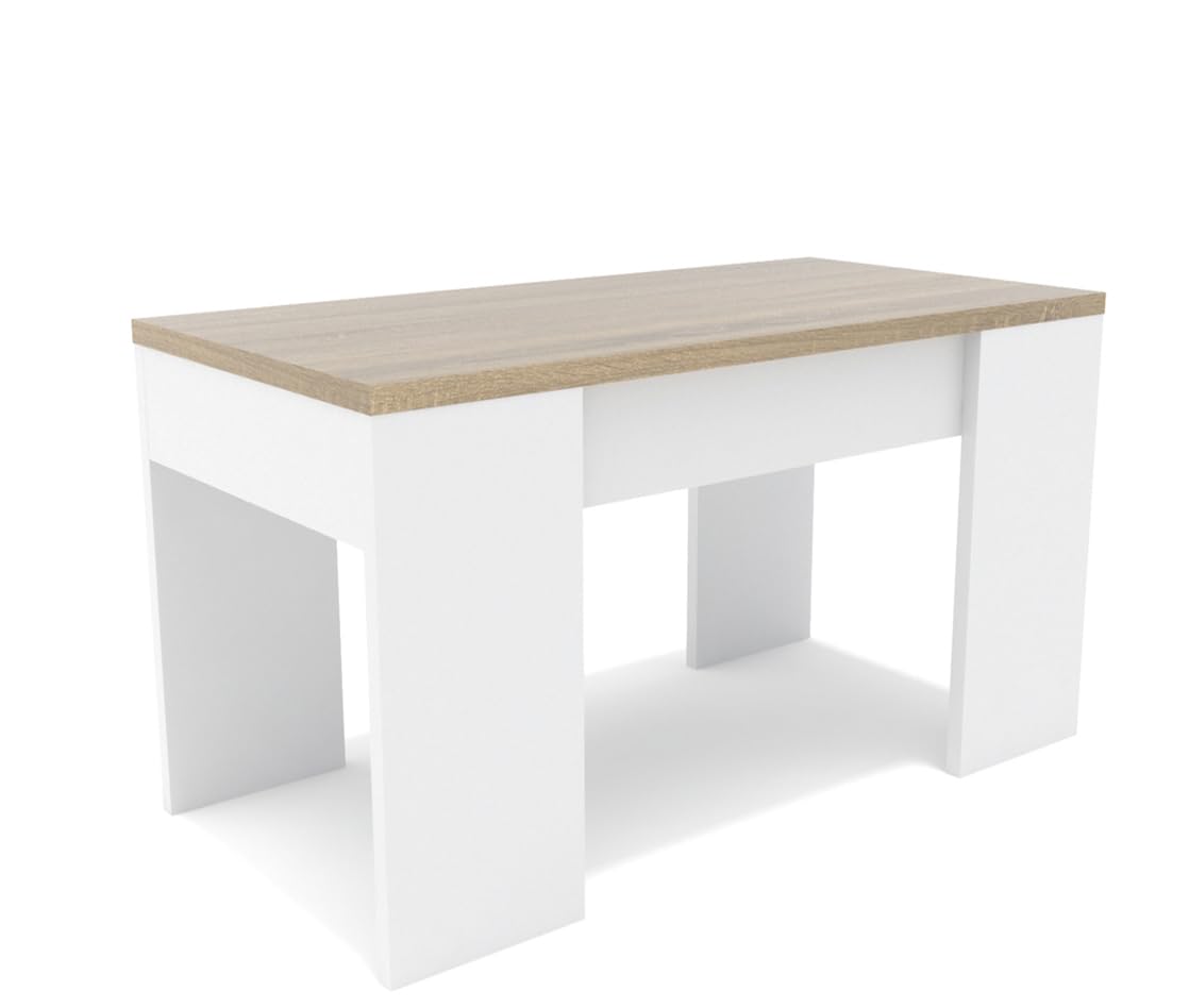 DORMIDAN- Mesa de Centro elevable, Comedor o Auxiliar, Mayor Grosor y Estabilidad (Blanco Tapa Roble)