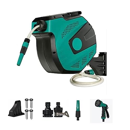 ホースパイプホルダーガーデンホースリール格納式、1/2インチ x 100フィート 壁取り付け式ウォーターホースリール自動巻き戻し、任意の長さロック、180°回転、30Mホースパイプハンガー