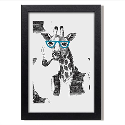 Affiche Décoratif Moderne Girafes avec des lunettes cadre en bois 20x30