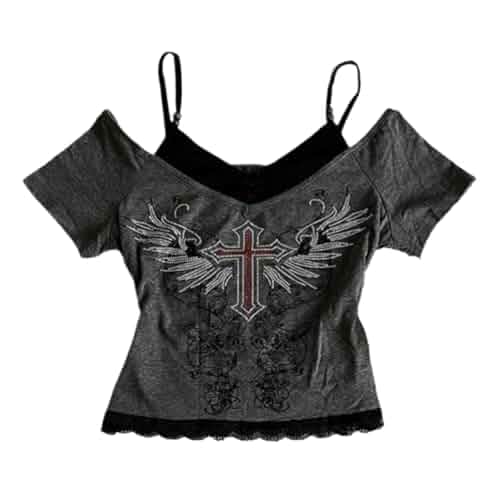 Emo Grunge Shirts Women 2000s Graphic Baby Tees Fake Two Piece Short Sleeve Vintage Y2k Crop Top Goth Alt Clothes Graphic Print