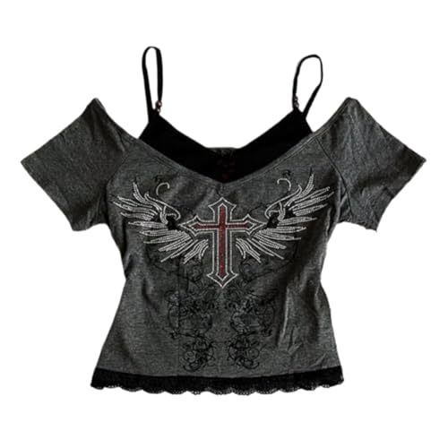 Emo Grunge Shirts Women 2000s Graphic Baby Tees Fake Two Piece Short Sleeve Vintage Y2k Crop Top Goth Alt Clothes