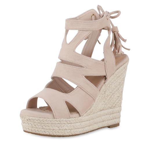 VAN HILL Damen Keilsandaletten Keilabsatz Bast Trendy Schuhe 216179 Beige 38