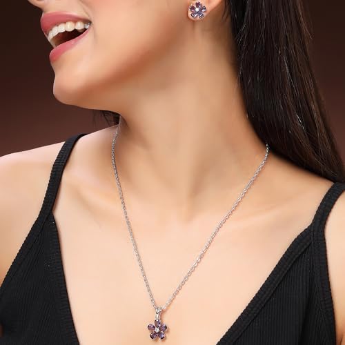 Image of ZENEME Rhodium Plated Silver Toned American Diamond Studded Floral Shaped Pendant Chain With Earrings Jewellery Set For Women And Girls