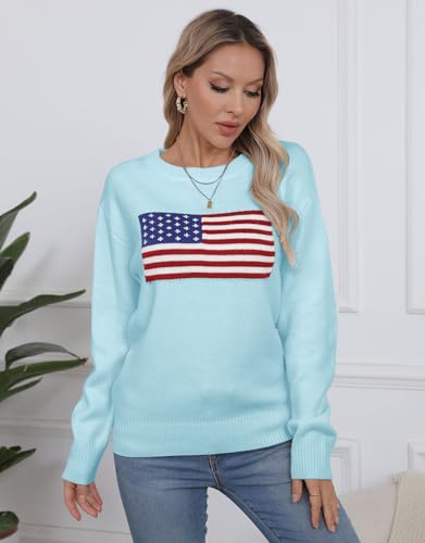 Image of Womens American Flag Sweater Long Sleeve Crew Neck Knitted Casual Pullover Sweater (Blue-1, Small)