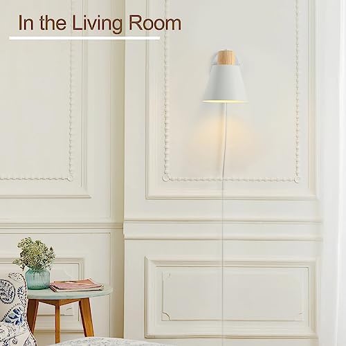 White Plug in Wall Sconces with Switch for Bedroom, Modern Rotation Wall Lamps Up Down E26 Mounted Fixture Wood Metal Lighting Switch Bedside Decor Reading Lights for Kids Bedroom, Living Room 5 41BPK+MFkwL. AC