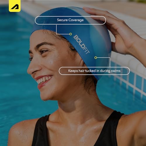 Image of Boldfit Swimming Cap for Men Silicone, for Women Unisex, for Kids Boys & Girls, for Women Long Hair Head Cap Men Silicone Fabric, Easy Fit - WhiteBlue