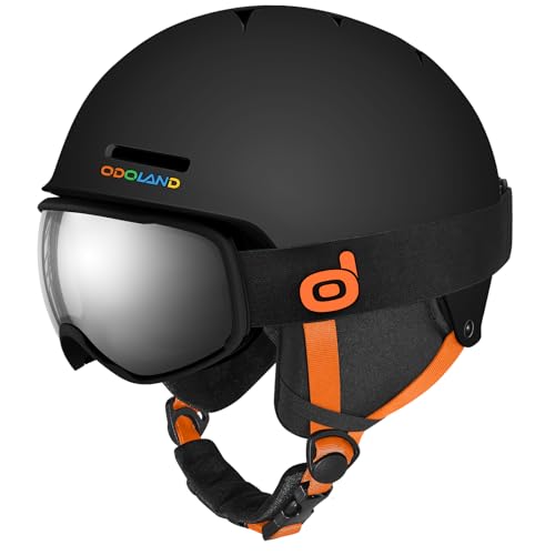 Odoland Ski Helmet for Kids, Snow Helmet with Ski Goggles, Shockproof, Windproof, Safety Snow Sports Helmet and Protective Goggles for Kids and Youth Black and Orange XS(49-53cm/19.3-20.9")