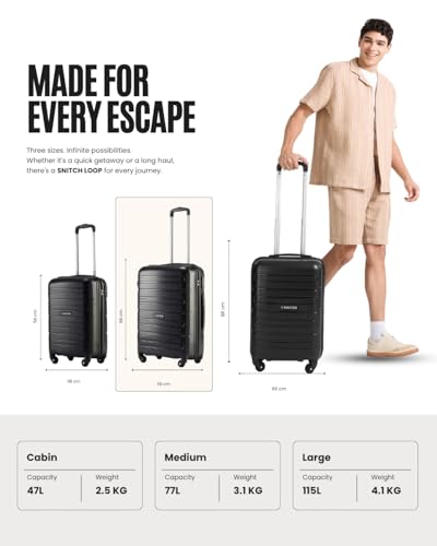 Image of SNITCH Loop Medium Size Black Polypropylene Hard Travel Suitcase - Suitcase Medium Size & Luggage with 4 Wheels, Secure Lock & Free Shoe Bag