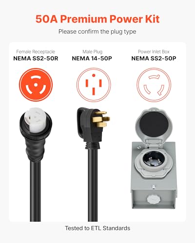 Image of VEVOR 50 Amp Generator Cord and Power Inlet Box, 10FT, 125V /250V STW 6 /3 + 8 /1 AWG Extension Power Cord, NEMA 14-50P to SS2-50R, Twist Lock Connector, Inlet Box Kit, for Generator to House, ETL Listed