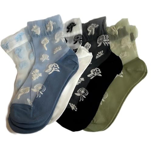 5 Pairs Women‘s Ruffled Ankle Sheer Socks Floral Embroidery Mesh Sheer Socks Cotton Sole
