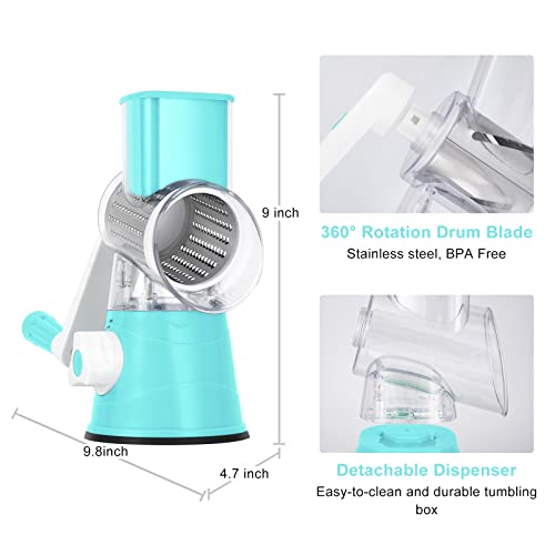 Elyum Rotary Cheese Grater Manual Cheese Grater With Handle 3 Interchangeable Stainless Steel Blades Cheese Shredder Strong Suction Base Cheese Graters For Kitchen Vegetables, Cheese And Nuts (Blue) #TOP4
