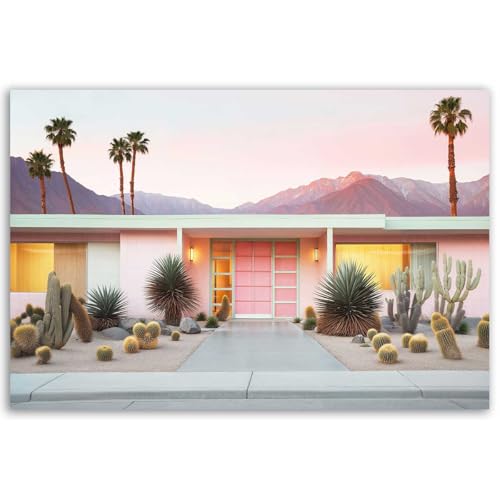 Hexoa Tableau Maison Rose à Toit Plat - Made in France - Toile imprimée 120x80