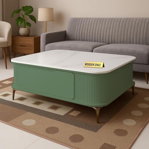 Image of WOODEN SPACE Premium Solo Marble-Top Wooden Center Table for Living Room | Iron Legs | PVD Coating | Modern Entryway Furniture | Coffee Table (Light Green)