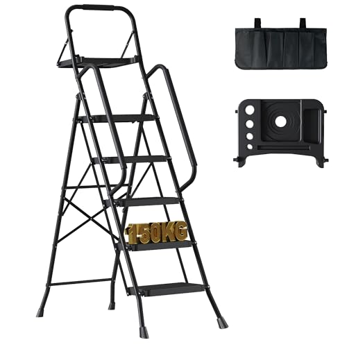 BONTEC 5 Step Ladder with Tool Bag & Tray, Folding Step Stool with Wide Anti-Slip Pedals, Black
