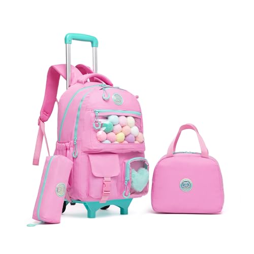Meninas 3pcs rolando mochila com rodas para a escola (Rosa com Bola)