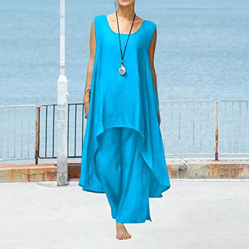 Womens Cotton Linen Tracksuit 2 Piece Set Sleeveless Tops Wide Leg Pants Sets Oversize Casual Linen Tracksuit Outfits #TOP1