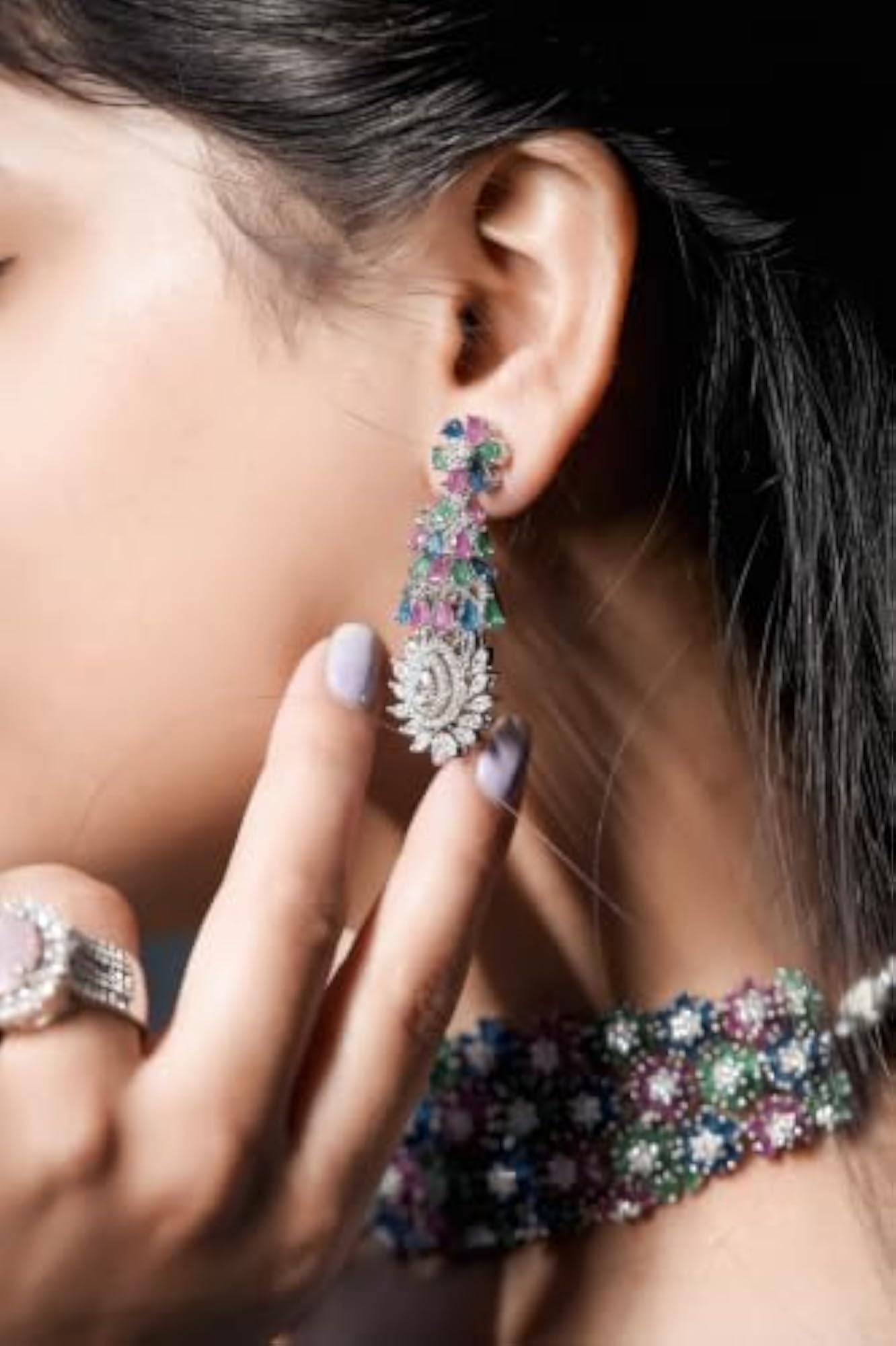 Luxury Peacock Inspired Multicolor Floral CZ Choker Necklace Set