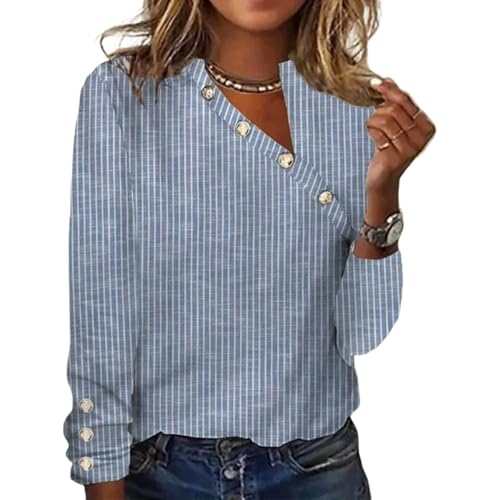 Women's Casual Tops Trendy Asymmetrical V Neck Long Sleeve T-Shirts 2025 Autumn Striped Button Down Office Blouses