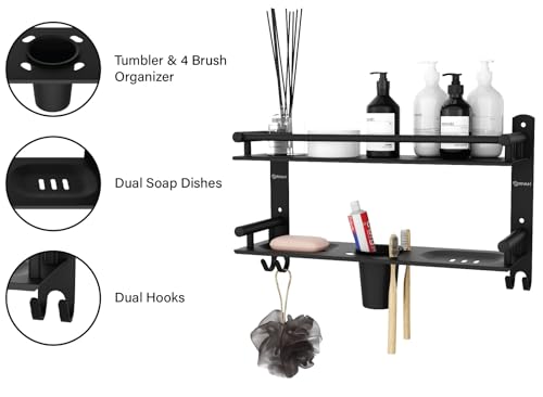 GRIVAN 5 in 1 Heavy-Duty Stainless Steel Bathroom Shelf Racks with Dual Soap Holder,Toothbrush Holder and Tumbler for Bathroom Accessories and Fittings (Black Matte) (Image - 6)