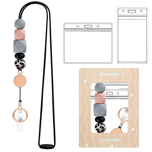 Retractable Lanyards for ID Badges and Keys, Cute Breakaway Teacher Lanyard with Badge Holders and Reels, Durable Silicone Beaded Lanyard for Women, Nurses, Office with 2 Waterproof Card Holders