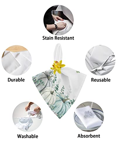 Dadabutydecor Dinner Napkins, Thanksgiving Pumpkin Eucalyptus Leaves Fall Autumn Watercolor Blue Cloth Napkins Washable Absorbent Polyester For Parties, Holiday Dinner, 6Pcs-20X20 Inch(50X50Cm) #TOP5