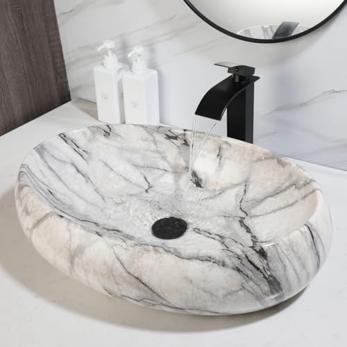OUBONI White Marbling Vessel Sink with Faucet and Pop-up Drain Combo, 22×16 Inch Oval Bathroom Sink White and Black Marbling Ceramic Basin Bowl Above Counter Oval Sinks Bowls for Bathroom