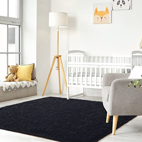 Tepook Super Soft Fluffy Rug for Bedroom, Modern Shaggy Rug Fuzzy Kids Rug for Living Room, Plush Indoor Nursery Home Decor Rug with Non-Slip Bottom, Black, 4 X 6 Feet - Image 4