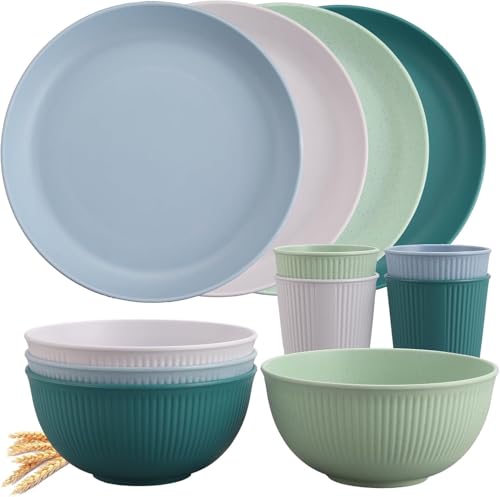 Tanice Kids Dinnerware Set, 12PCS Plastic Plates and Bowls Sets, Kids Dinnerware Set for 4, Plastic Dishes Set with Pltaes, Bowls, Cups for Kitchen, Outdoor Camping