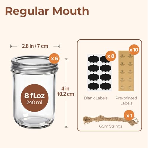 Image of ComSaf Small Mason Jars 8 oz 6Pcs, Half Pint Regular Mouth Mason Jar with Lids and Seal Bands, Glass Canning Jars for Jam, Jelly, Spice, Meal Prep, Honey, Shower Wedding Favors, DIY Candles Decor