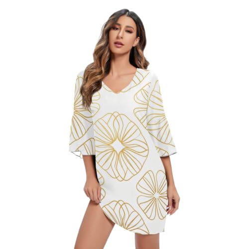 Robe en mousseline décontractée col en V pour femme à motif de lignes dorées