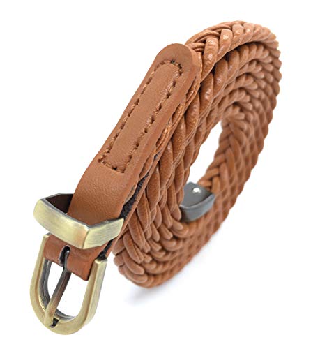 TeeYee Women belt Woven PU Leather Slim Belt Skinny Leather Solid Color Pin Buckle Simple Waist for Girls Ladies (tan, L)