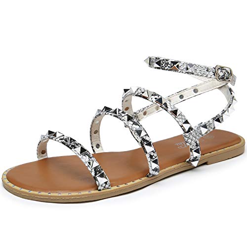 Katliu Women's Flat Sandals Strappy Studded Sandals Gladiator Sandals With Ankle Strap Snake Print #TOP21