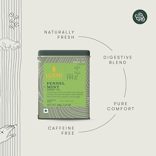 Image of Luxmi Estates Fennel Mint Herbal Tea | Loose Leaf in Resealable Tin Caddy 100g (3.5oz, ~50 Cups) | 5-Herb Ayurvedic Digestive Blend with Fennel, Peppermint, Coriander Seed, Cardamom & Cinnamon, Caffeine-Free