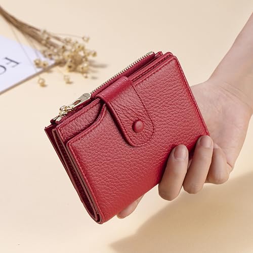 Image of Genuine Leather Wallets for Women RFID Blocking Bifold with Zipper Pocket, 2 ID Windows, 18 Card Slots, Red