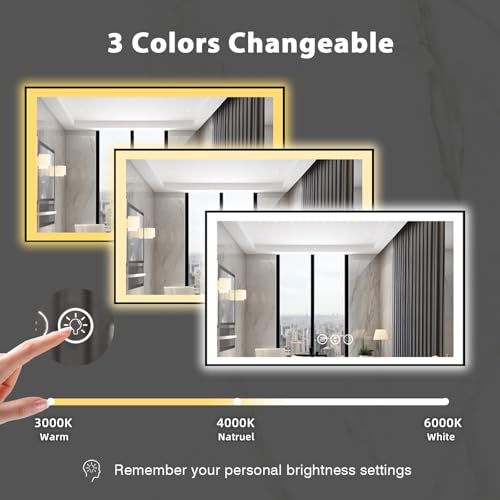 48x30 Lighted Mirrors for Bathroom Wall, Modern Rectangle Matte Black Mirror, Tempered Glass,Double Lights, 3 Colors Dimmable Temperature, IP54 Enhanced Anti-Fog, Memory (Horizontal/Vertical)