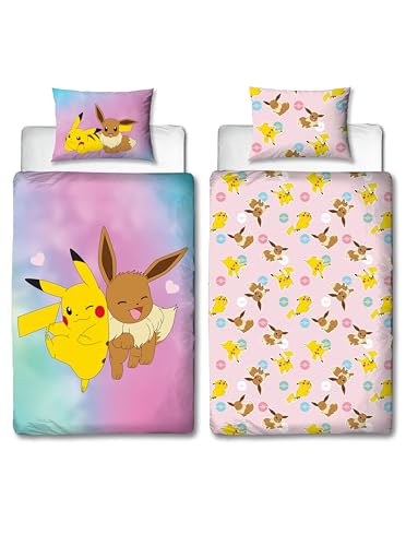 Pokemon Officially Licensed Single Kids Duvet Cover Set | Pikachu Eevee Design Reversible 2 Sided Bedding with Matching Pillowcase | Childrens Single Bed Set